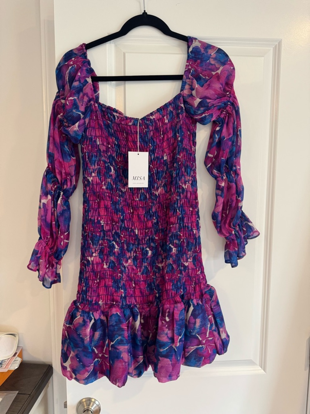 Misa Los Angeles Pink and Blue Floral Smocked Mini Dress